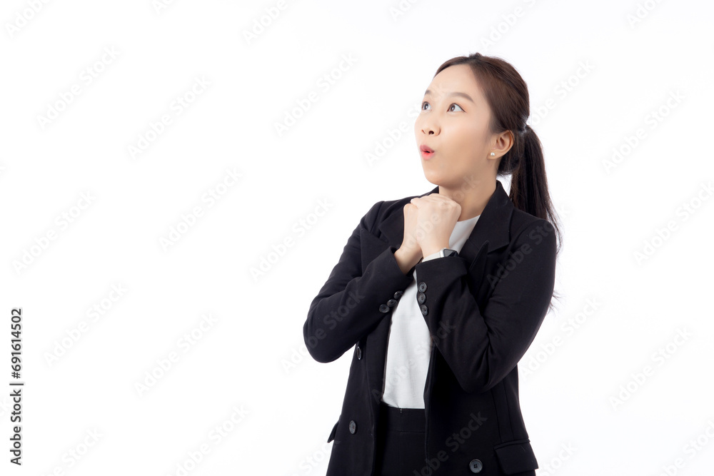 Portrait happy young asian businesswoman in suit surprise excited with satisfied with success and amazed isolated white background, happiness business woman shock with emotion and expression. Portrait happy young asian businesswoman in suit surprise excited with satisfied with success and amazed isolated white background, happiness business woman shock with emotion and expression.
