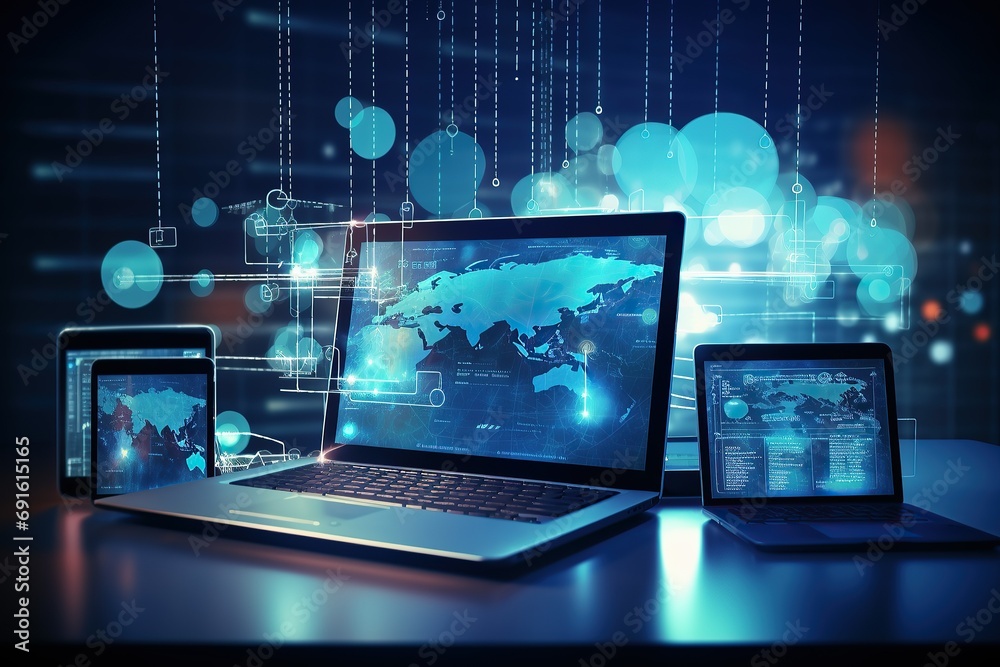 Futuristic workspace with multiple devices displaying advanced data analytics and global network connections