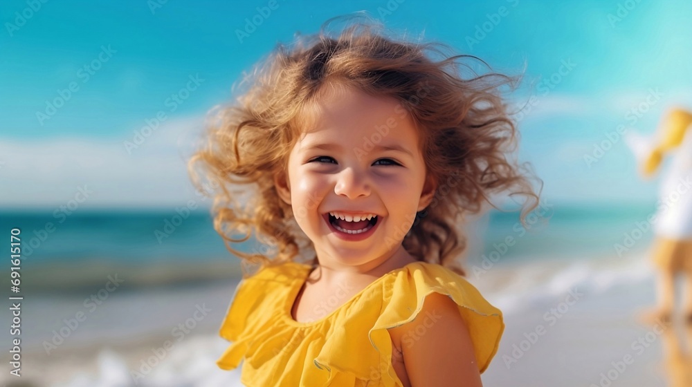 Portrait of cute smiling little girl in a yellow dress stands on the seashore, windy day on the beach on sun rays glowing background. Healthy happy childhood communicating with nature in the fresh air