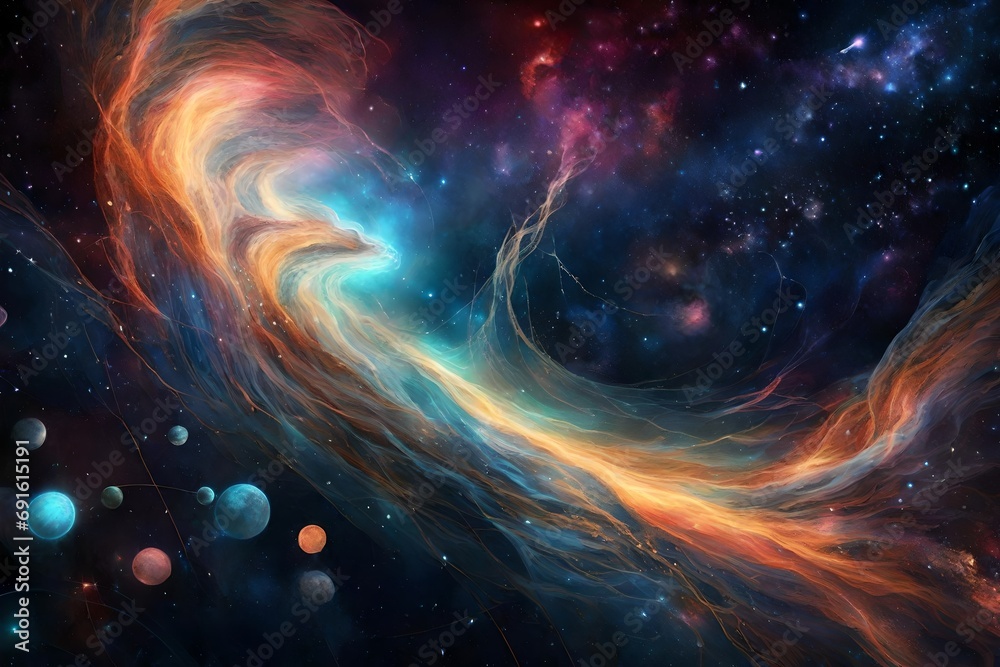 Witness a nebulous scene across the cosmic canvas, where galactic threads weave a mesmerizing tapestry with a touch of realism