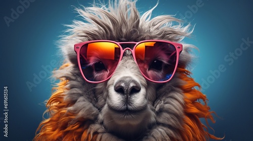 Funny sheep wearing sunglasses. Fashion portrait of an animal posing with a charismatic human attitude Isolated on dark background