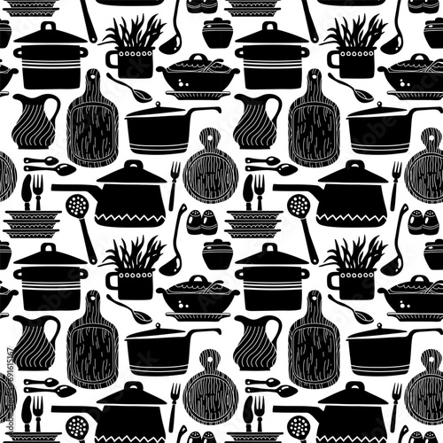 Kitchen utensils and cutlery seamless pattern. Black and white vector illustration