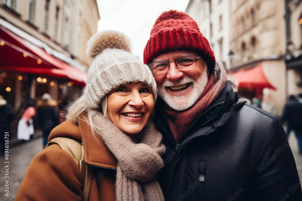 Winter Bliss: Senior Tourists Grinning in European City Selfie