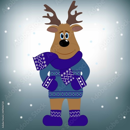 Cute deer in winter wearing a sweater and mittens