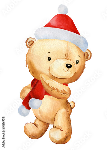 Christmas teddy bear in hat Santa Claus watercolor on isolated white background, poster, bear hand drawn illustration