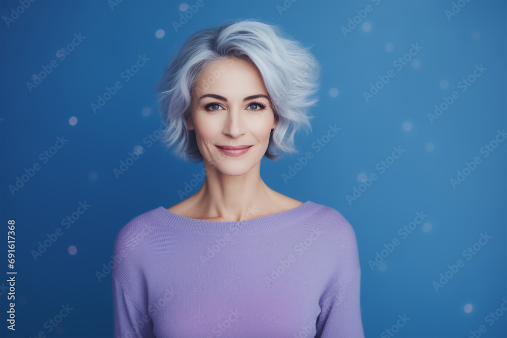 Smiling Mature Woman with Gray Hair and Lilac, Lavender Color Jumper Posing in Studio Against Blue Wall. Healthy Aging. Smiling Mature Woman with Gray Hair and Lilac, Lavender Color Jumper Posing in Studio Against Blue Wall. Healthy Aging.