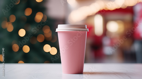 Paper cup with coffee сlose up. Pink coffee cup. Christmas tree with lights on the background. Holiday season. Time for coffee. Coffee to go. Take a break. Disposable paper cup. Mockup. Generated AI