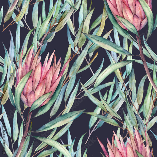 Watercolor floral seamless pattern with protea, tropical leaves. Vintage hand painted print. Art dark background