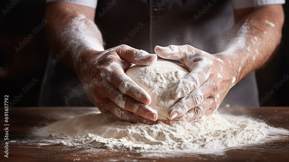 hands of a man kneading the dough on the table with flour