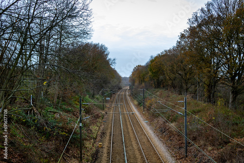 railway in autumn going through Wrabness woods, Image shows a twin trainline passing through the woods with trees either side 