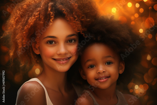 Photorealistic portrait of a happy young afro woman with a child with charming smiles, lush afro hairstyles, gorgeous skin, and white tank tops against a background of blurred lights in warm tones.