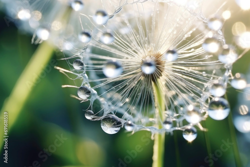 A faded dandelion with large raindrops