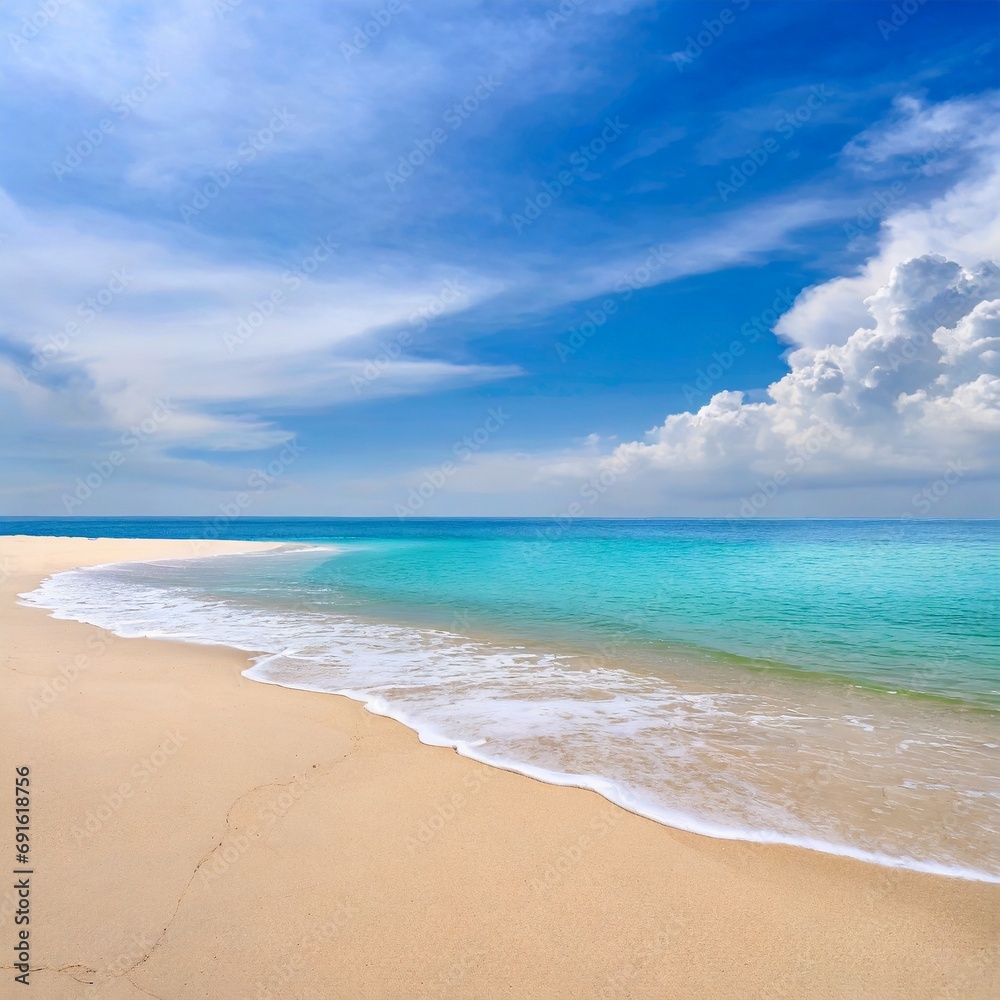 Beautiful sandy beach with white sand and rolling calm wave of turquoise ocean on Sunny day