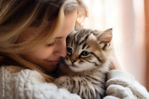 A girl hugs a kitten in a bright living room