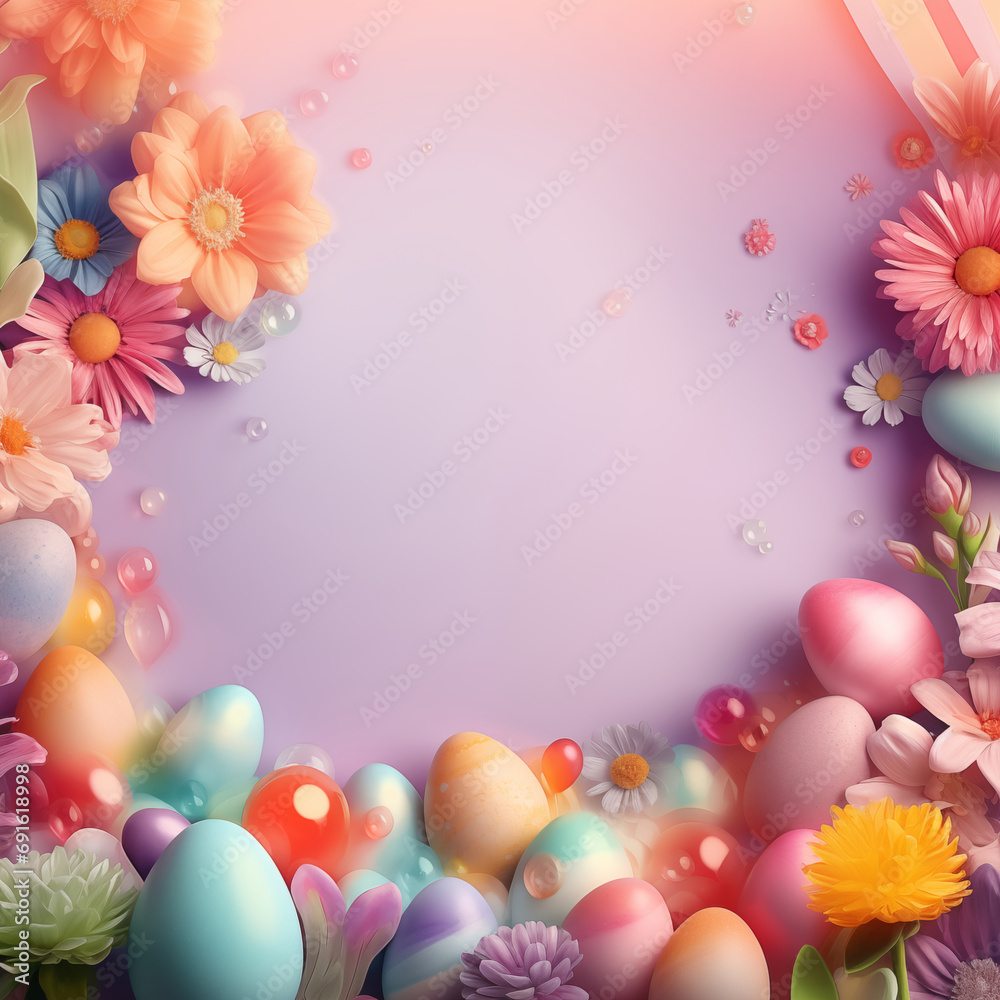 Frame with Easter eggs in pink white pastel colors flowers and beads with empty pink background