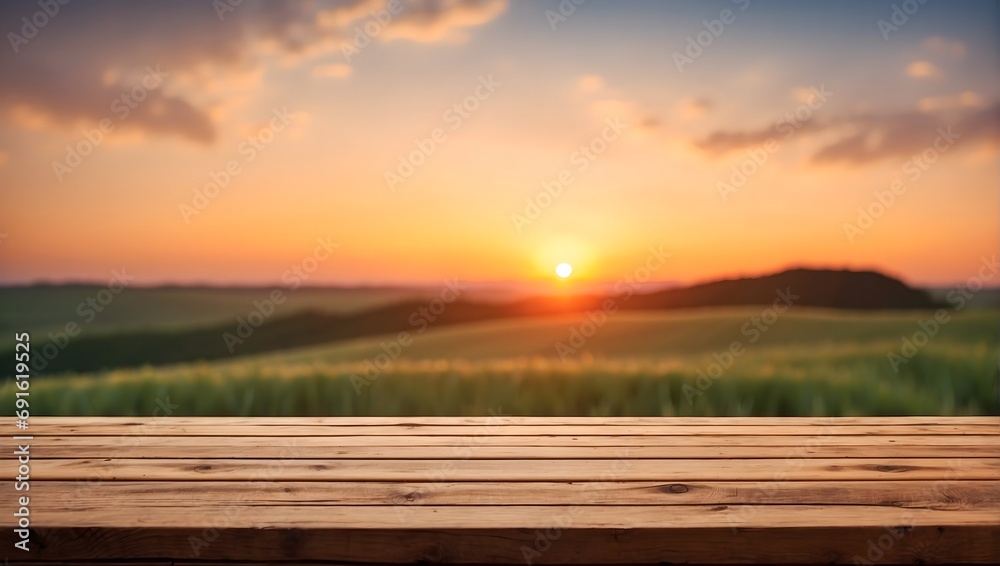 empty wooden table and blurred romantic sunset