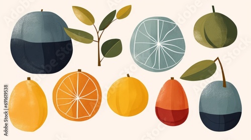 Fruits naive art style illustrations on beige background