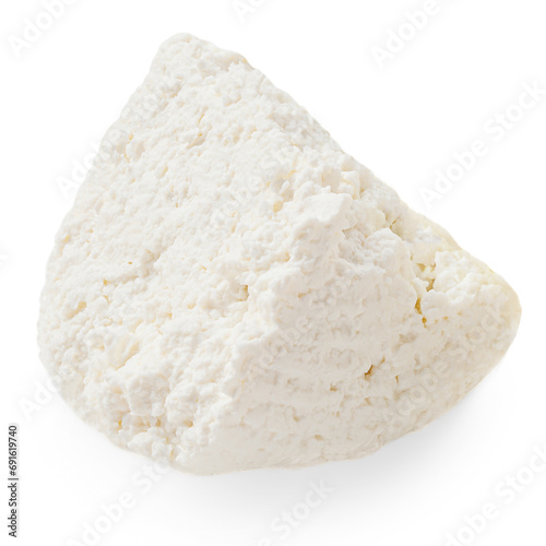 Cottage cheese isolated on white background closeup. Fresh grainy cottage cheese or feta close ur