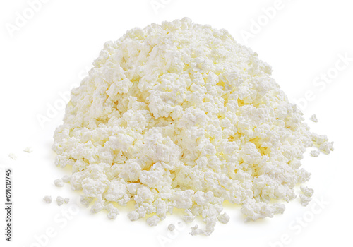 Cottage cheese isolated on white background closeup. Fresh grainy cottage cheese or feta close ur photo