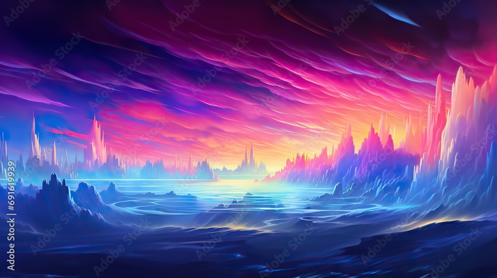 Pastel Dreamscape Symphony: Abstract Sci-Fi Landscape with Needle Spires and Clouds - Ultrawide Panorama Banner Background in Rainbow Colors. created with Generative AI
