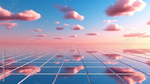 Nostalgic Reflections Liminal Space 1990s Style 3D Computer Graphics Render Landscape with Reflective Tile Floor, Horizon Line, Sky, and Empty Background. created with Generative AI