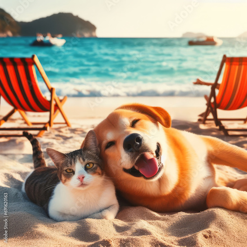 A heartwarming image of a dog and a cat enjoying a peaceful moment together on a beach, with deck chairs and a stunning ocean view in the background.