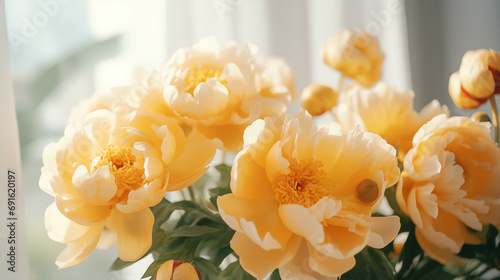 Fototapeta Naklejka Na Ścianę i Meble -  Bouquet of stylish peonies close-up. Yellow peony flowers. Close-up of flower petals. Floral greeting card or wallpaper. Delicate abstract floral pastel background. Greeting card. Generated AI