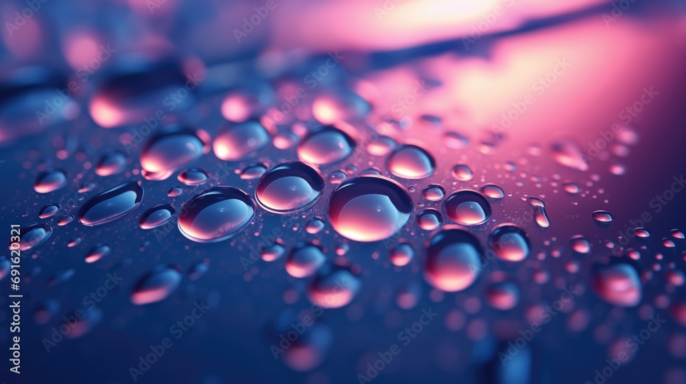 Background with volumetric water drops. Beautiful play of colors, neon lighting. Textured surface, macro photography. Pink, blue, cyan, yellow, purple, white tones.