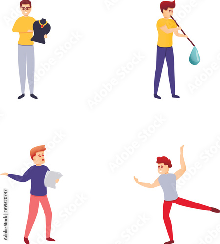 Creative profession icons set cartoon vector. Jeweler, dancer, reciter, glassblower. Occupation cartoon character