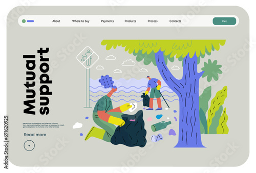 Mutual Support: Cleaning up trash, Garbage collection -modern flat vector concept illustration of people collecting trash on the beach A metaphor of voluntary, collaborative exchanges of resource