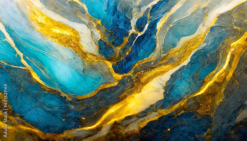 Marble ink colorful. Blue and gold marble pattern texture abstract background. (