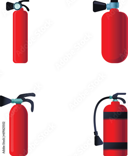 Extinguisher icons set cartoon vector. Various red fire extinguisher. Device designed to extinguish fire