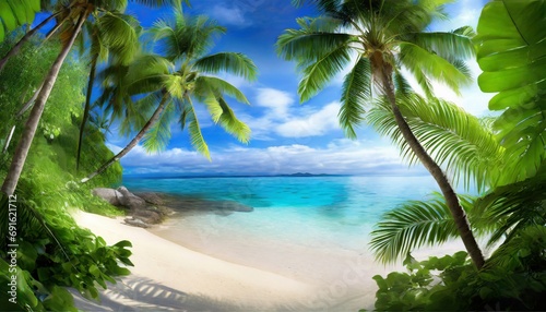 Beautiful jungle beach lagoon view  palm trees and tropical leaves  can be used as background