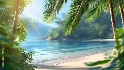 Beautiful jungle beach lagoon view  palm trees and tropical leaves  can be used as background