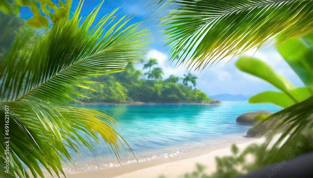 Beautiful jungle beach lagoon view, palm trees and tropical leaves, can be used as background 