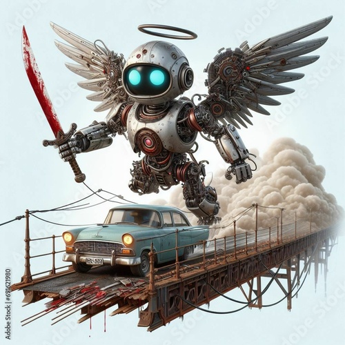 cute robot, made of scrap metal, realistic art, running on a flying bridge, car with angel wings and a bloody sword, created by AI