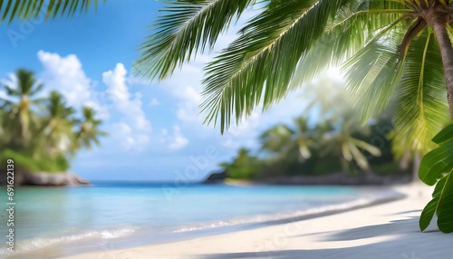 Beautiful jungle beach lagoon view, palm trees and tropical leaves, can be used as background © adobedesigner