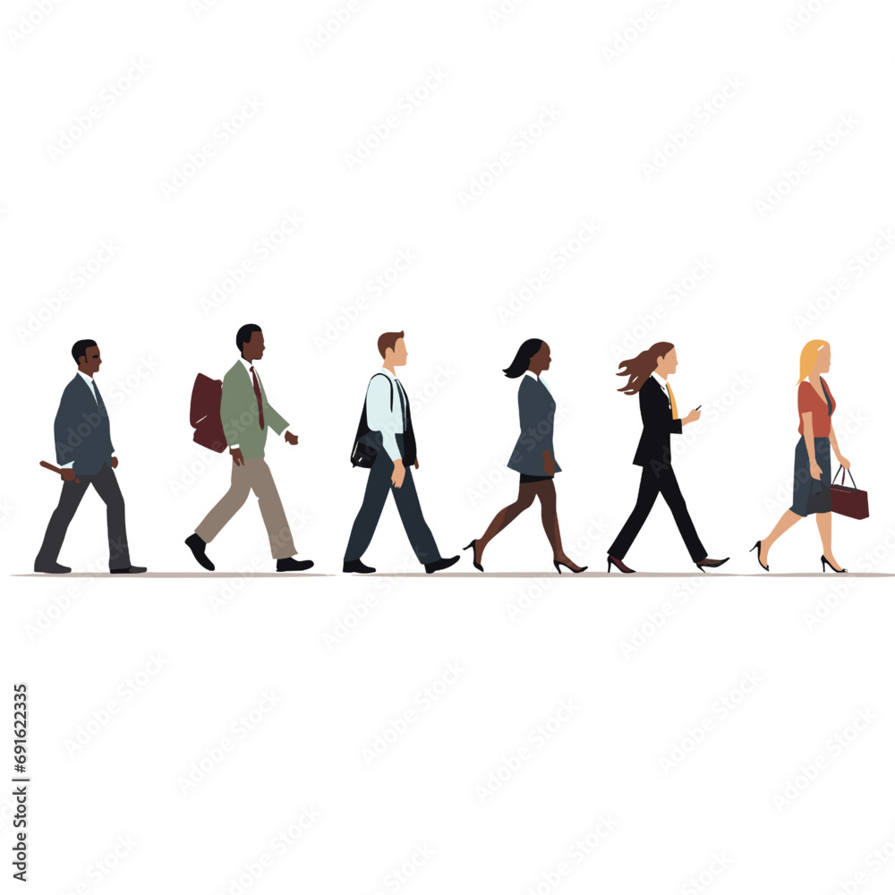 Set of Diverse business people walking side view.