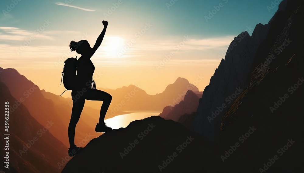 Woman climber success silhouette in mountains, ocean and sunset