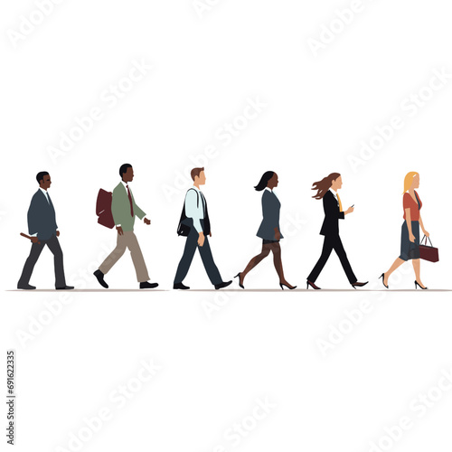 Set of Diverse business people walking side view.