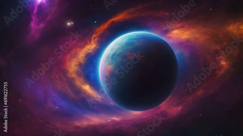 Fictional image of a planet in a colorful landscape of space full of solar clouds and shiny stars