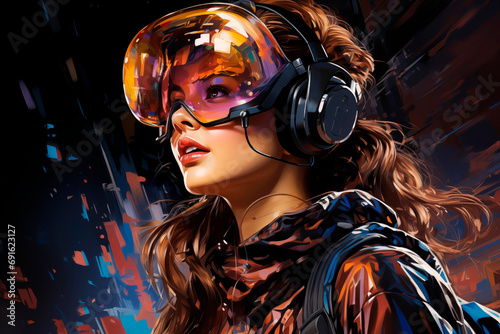 illustration of a young girl wearing virtual reality glasses in the metaverse