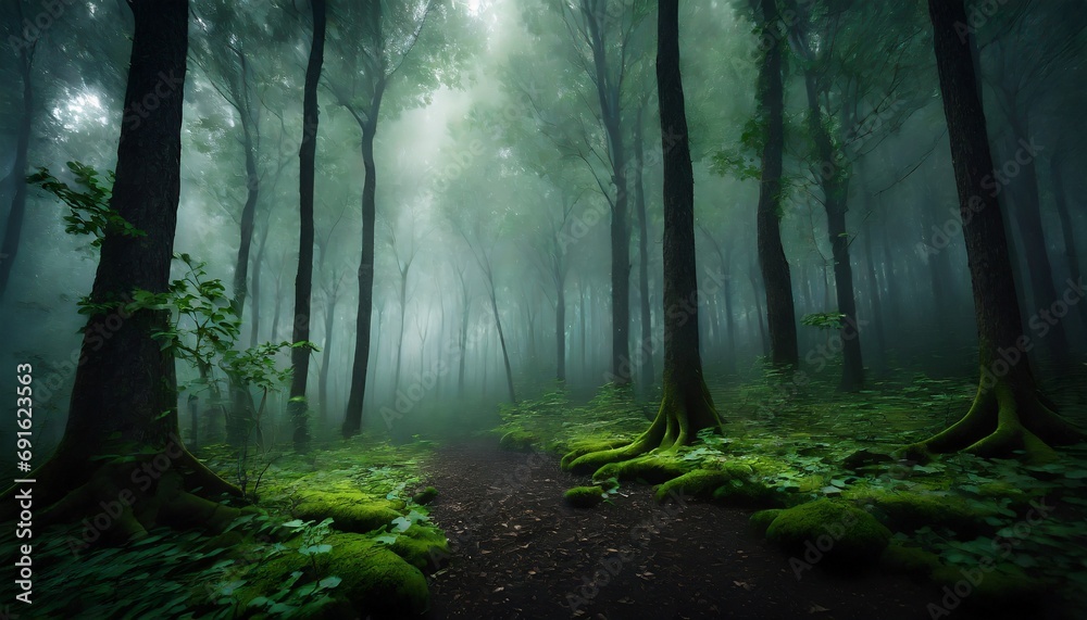 Fototapeta premium Green forest with mist and clear blank space 
