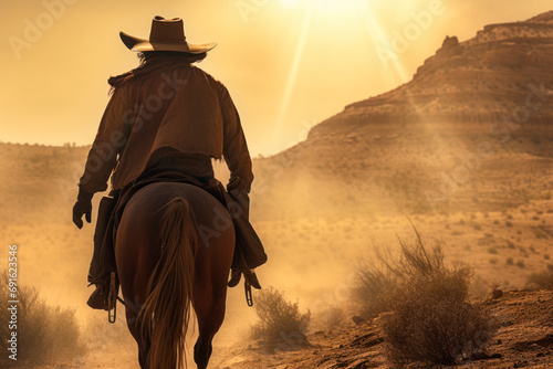 Lone outlaw on horseback, dusty desert trail, wide-brimmed hat casting a shadow, sun setting behind rugged canyons, silhouette of a wanted figure.