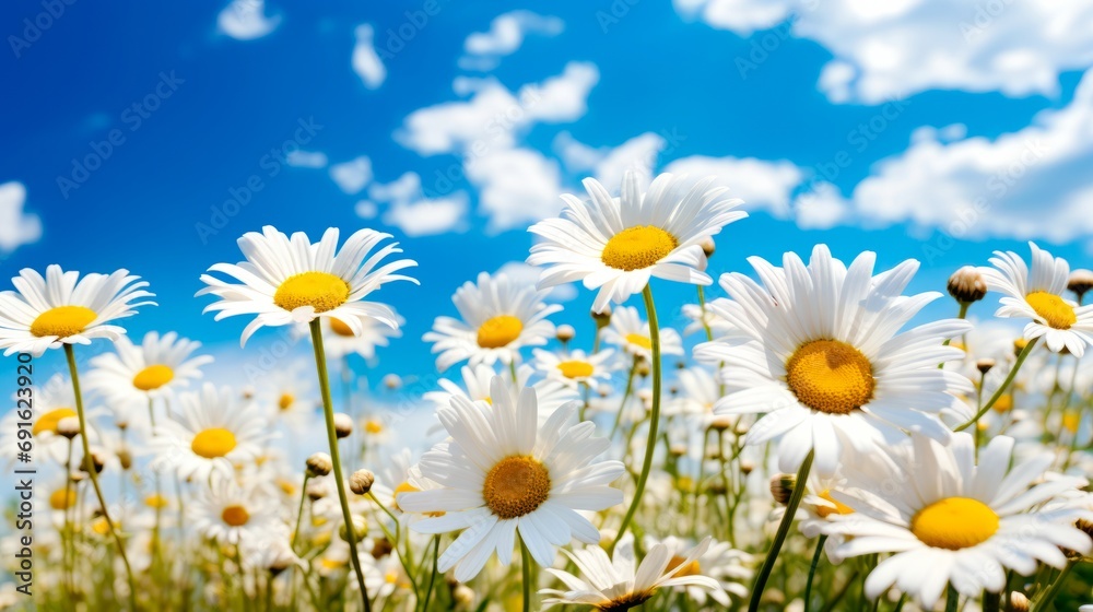 Banner chamomile flowers on a summer spring meadow, blue sky with white clouds background. Summer, spring concept.