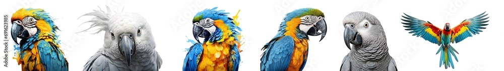 Close up colorful parrots isolated in white transparent background.