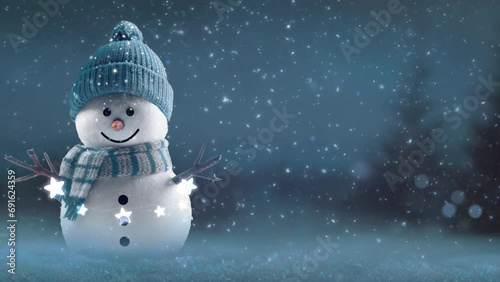 snowman on the snow,

The snowman is smiling, wearing a hat and scarf. It is snowing. Winter New Year and Christmas scene, snow falling loop photo