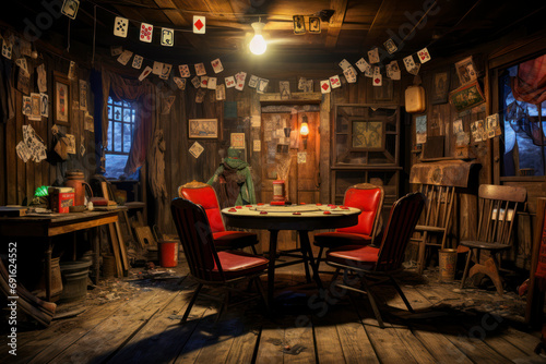 Outlaw hideout, abandoned saloon with swinging doors, poker table with scattered cards, dim lantern light, shadowy figures in the background, wanted posters on the walls. photo