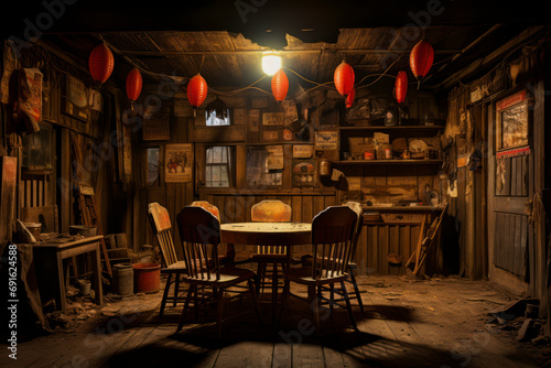 Outlaw hideout, abandoned saloon with swinging doors, poker table with scattered cards, dim lantern light, shadowy figures in the background, wanted posters on the walls. photo