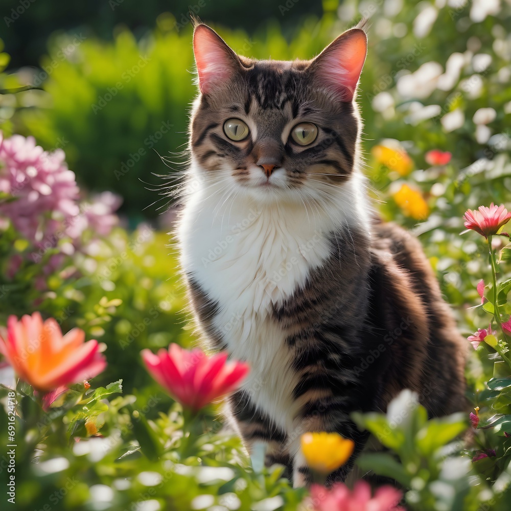 Garden Oasis A cat exploring a lush garden filled with blooming flowers and greenery